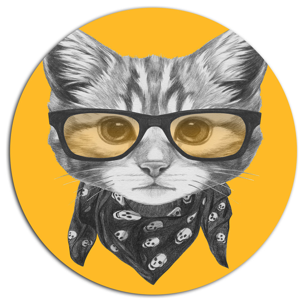 Funny Cat With Glasses And Scarf, Animal Disc Metal Wall Art, 36"