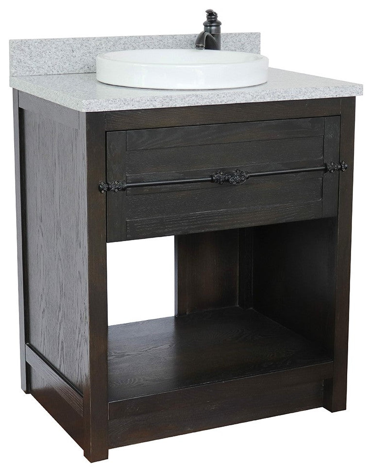 30" Single Vanity, Brown Ash, Gray Granite Top, Round Sink