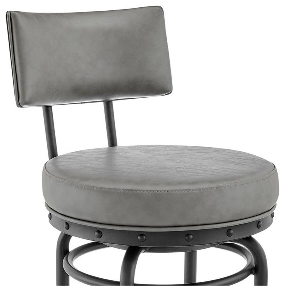 Armen Living Rees 30" Faux Leather & Metal Swivel Bar Stool in Gray/Black