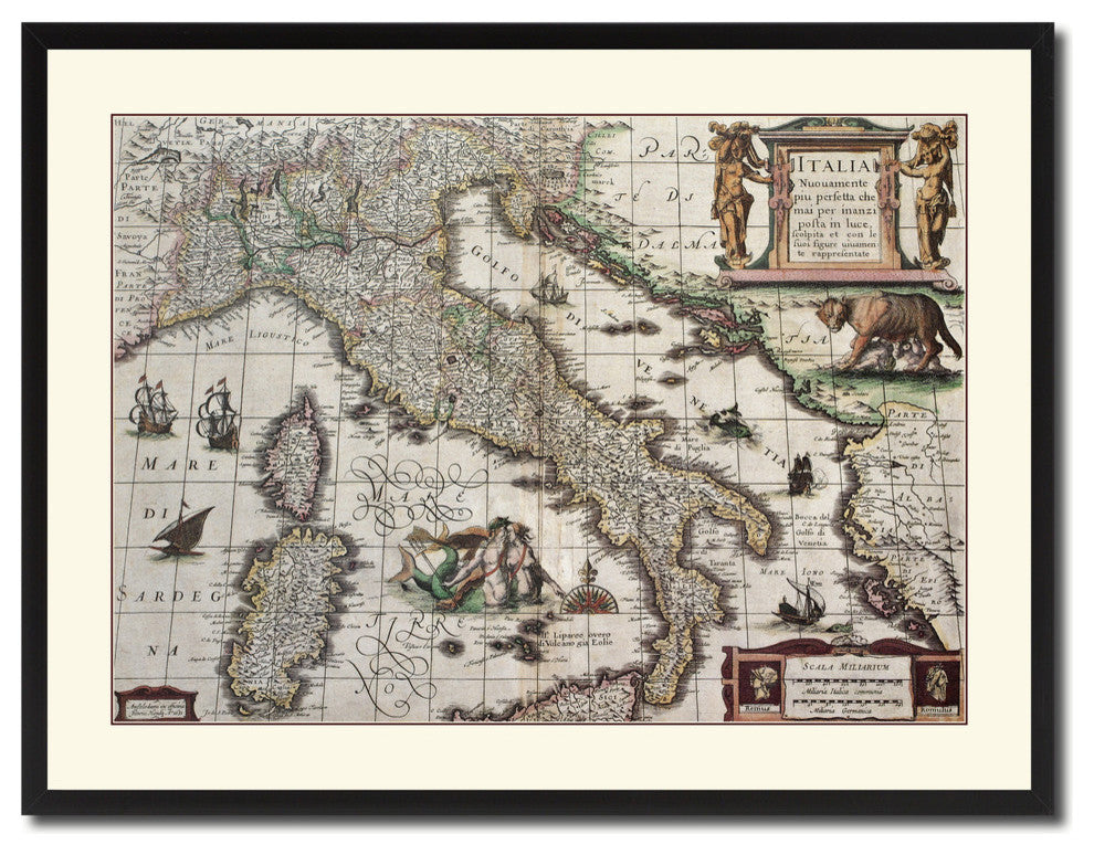 Italy Vintage Map Print On Canvas With Picture Frame 28" X 37"