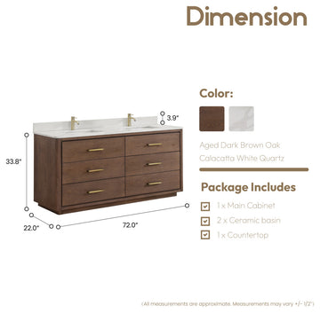 Porto Bath Vanity with White Quartz Stone Top, Dark Brown Oak, 72 in., No Mirror