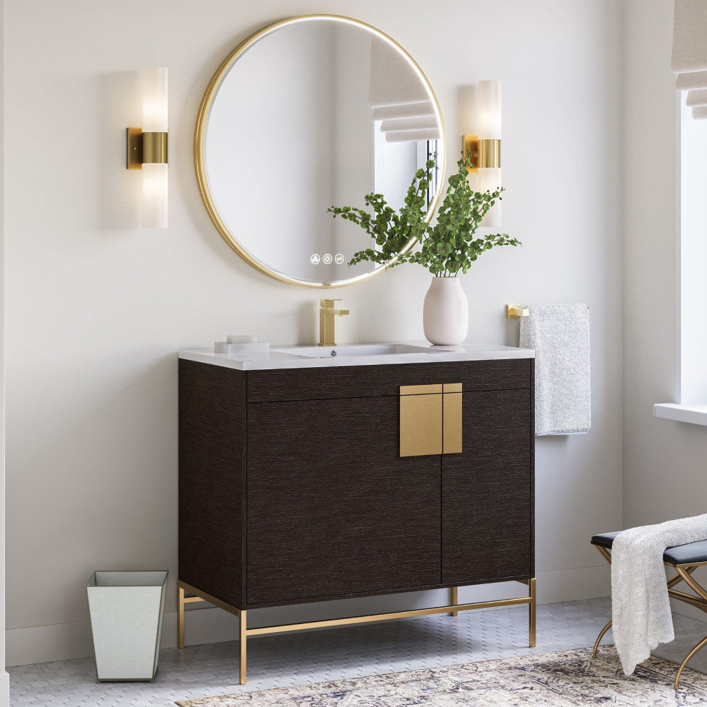Lockhart Bath Vanity, Black Oak, 36", Satin Brass Hardware, Single Sink, Freestanding