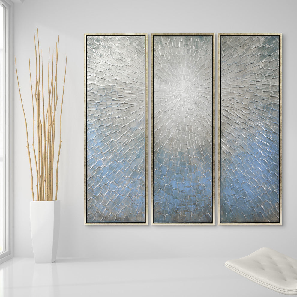 Silver Ice Textured Metallic Hand Painted Abstract Wall Art, 60"x20"