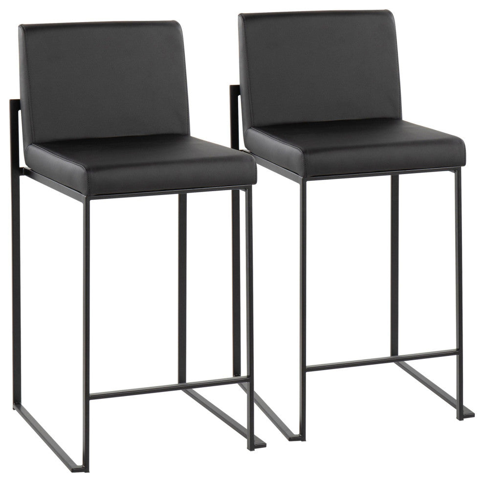 Fuji High Back Counter Stool, Black Steel/Black Faux Leather, Set of 2