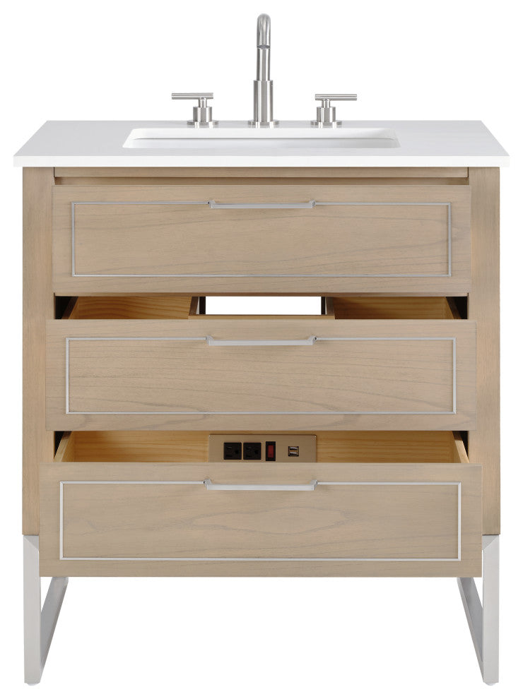 Markham Bathroom Vanity, Cashmere Grey/Brushed Nickel, 30", White Quartz Top