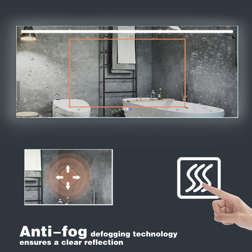 Rectangular Frameless Anti-fog Bathroom LED Mirror, 72x30