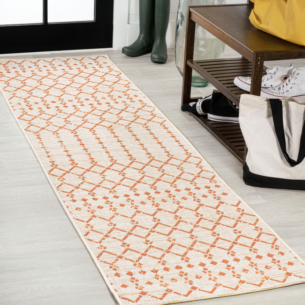 Ourika Moroccan Geometric Indoor/Outdoor Rug, Cream/Orange, 2x10