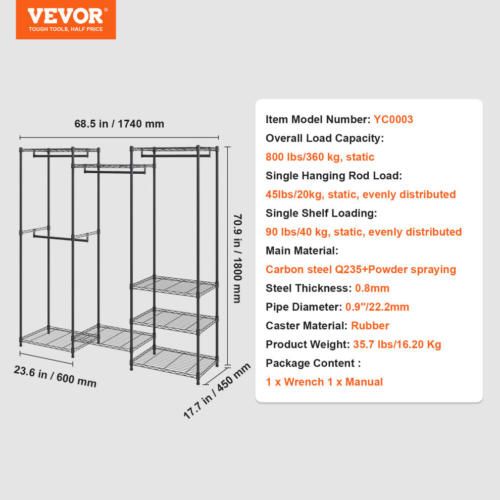 VEVOR Clothes Rack Rolling Clothing Garment Rack 4 Hang Rods & 8 Storage Tiers