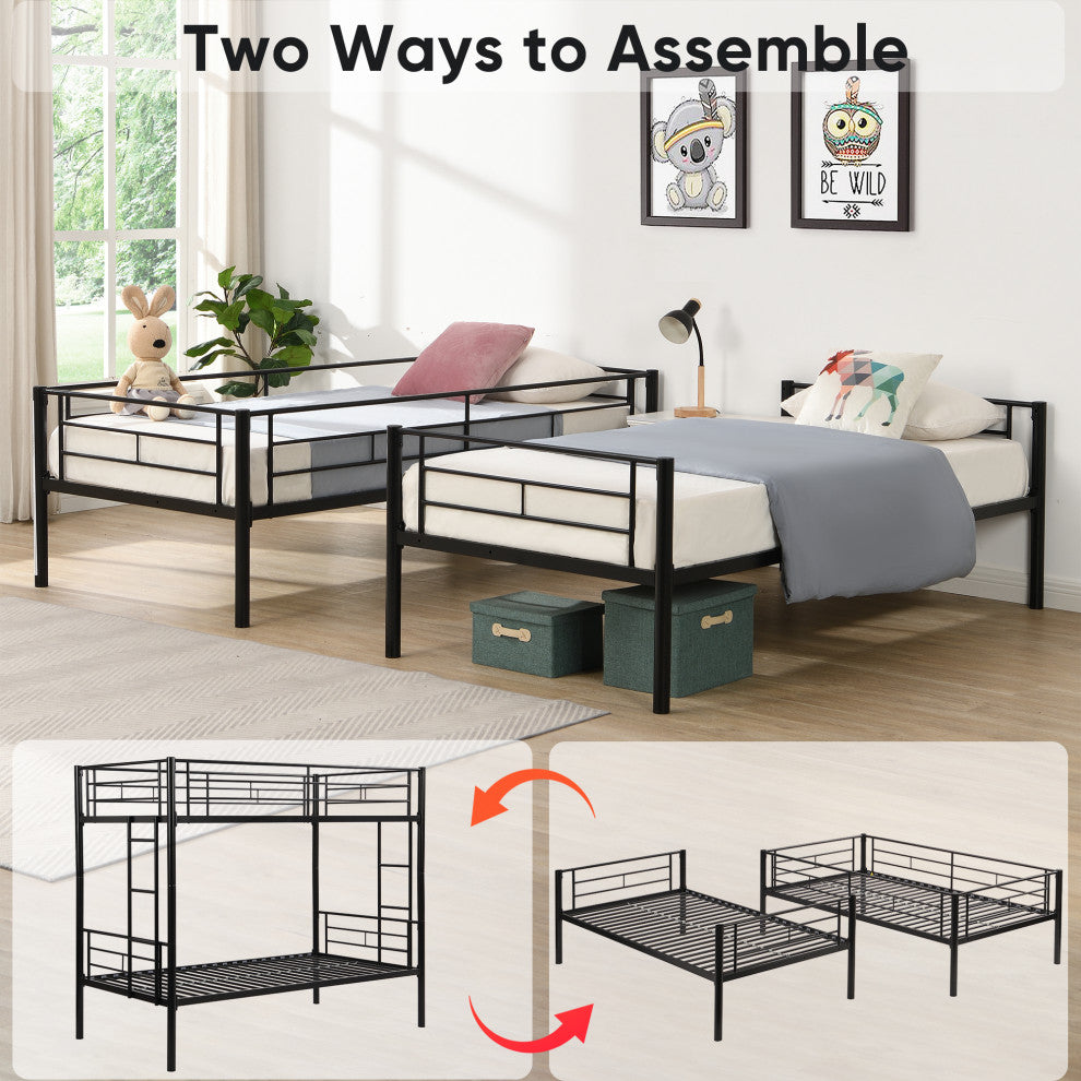 Gewnee Bunk Bed Twin Over Twin Size with 2 Ladders and Full-Length Guardrail