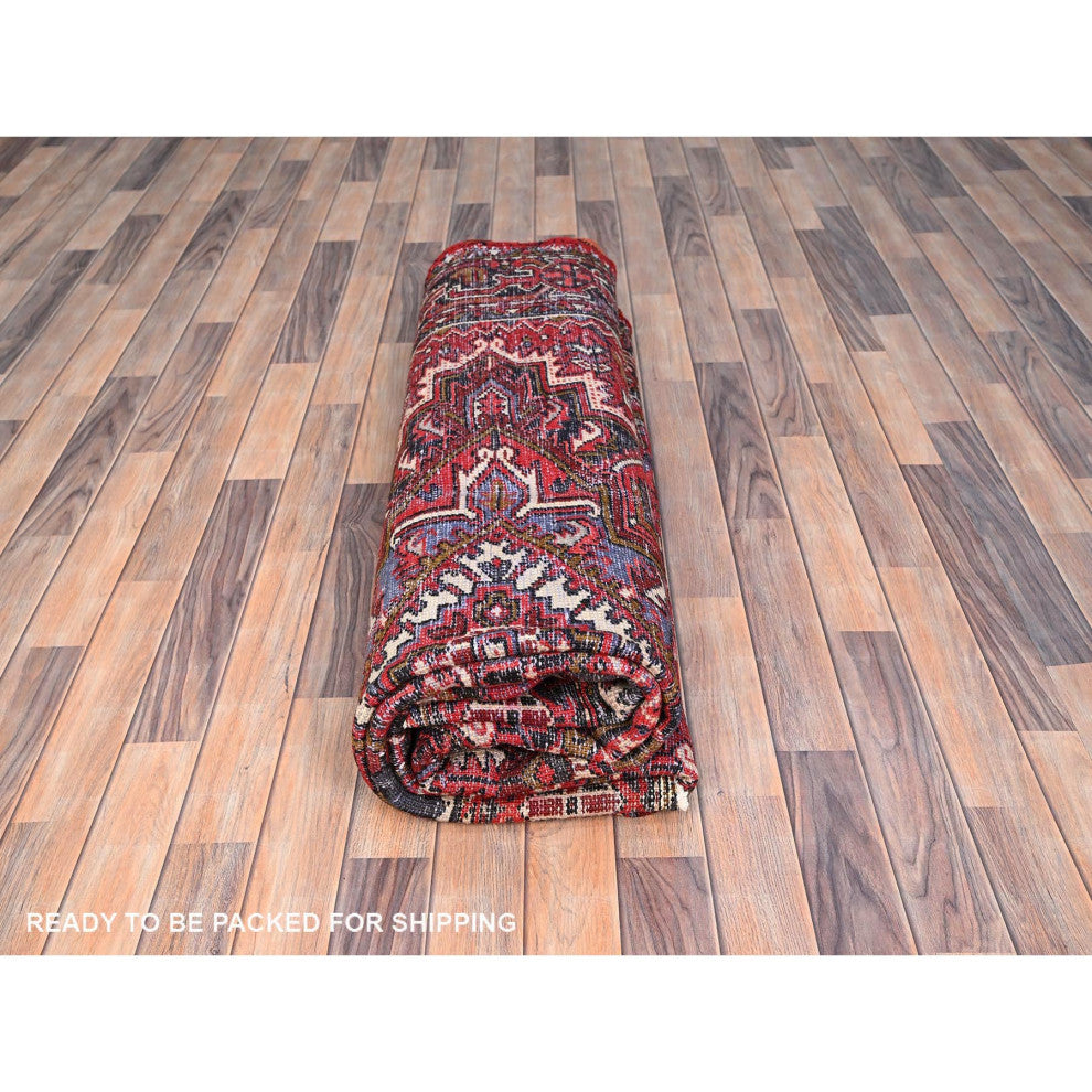 Crimson Red, Hand Knotted, Vintage Persian Heriz, Pure Wool Rug, 7'10"x11'