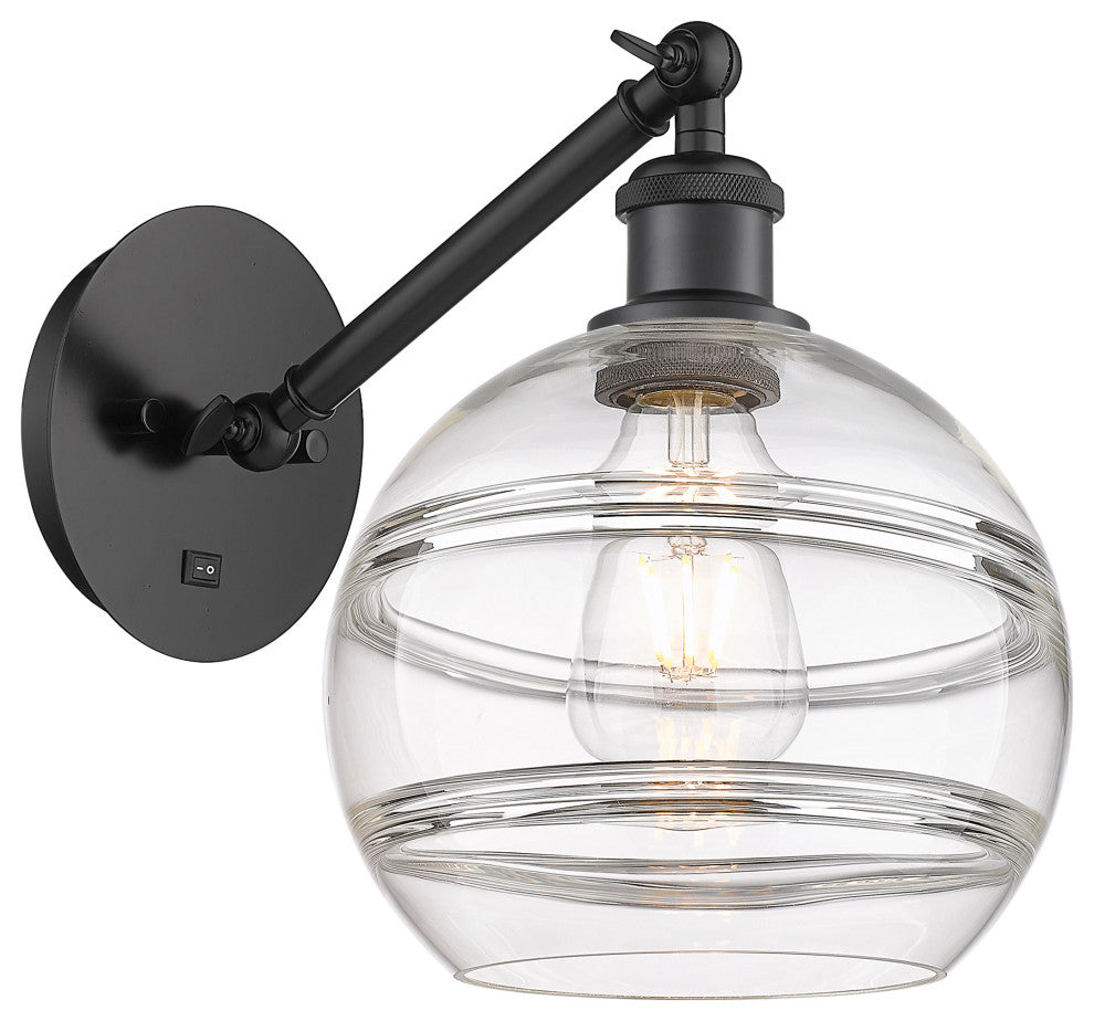 Ballston-Rochester 1-Light 8" Sconce, Arm Adjusts Up/Down, Matte Black, Clear