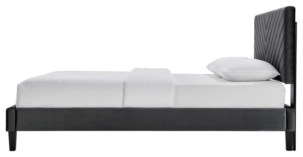 Platform Bed Frame, King Size, Charcoal Gray, Velvet, Modern, Guest Suite