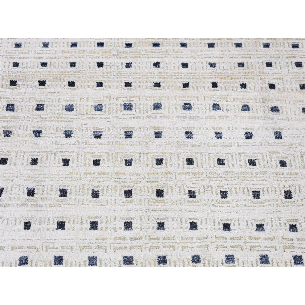 Ivory, Pure Silk With Textured Wool Hand Knotted, Modern Runner Rug, 2'7"x8'1"