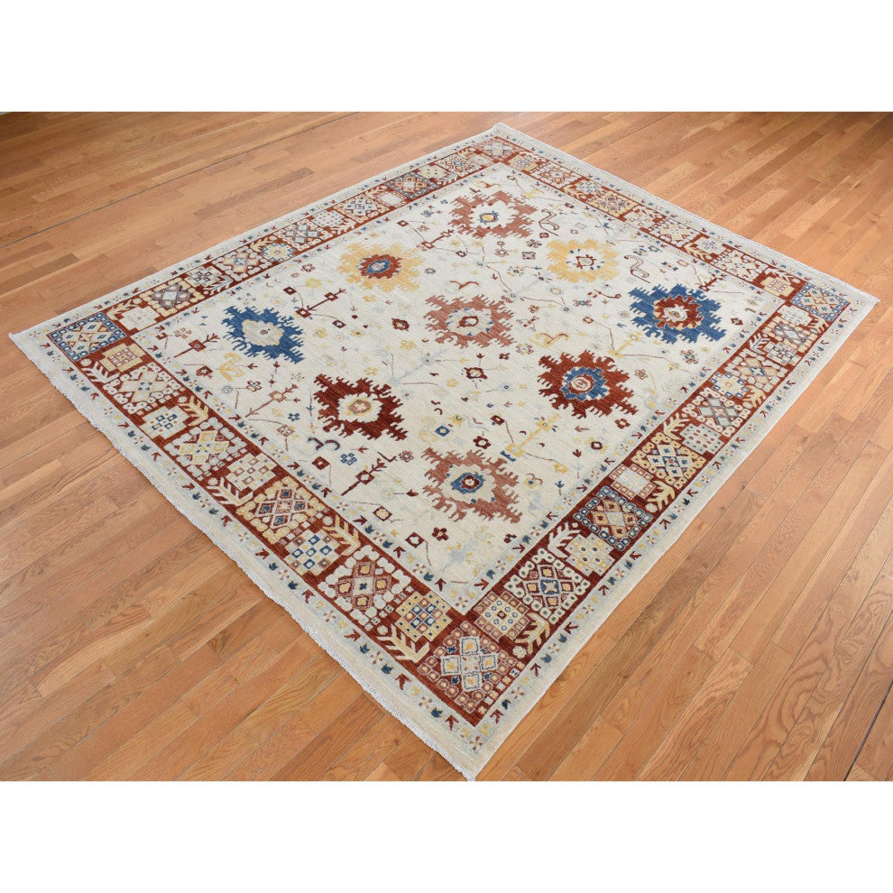 Parchment White, Peshawar With Mahal Design, Hand Knotted Wool Rug, 7'9"x9'9"
