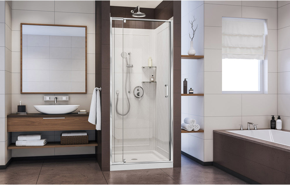 Dreamline Chrome With Clear Glass, Pivot Door With Walls Base