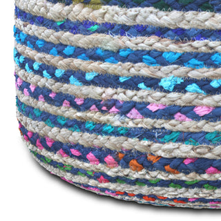 Margo Round Pouf, Braided Jute, Blue