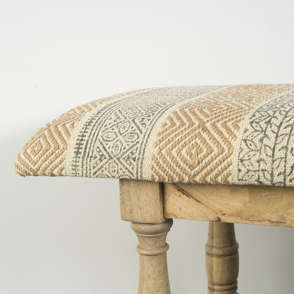Greenfield II Tan Patterned Jute With Solid Wood Frame Accent Bench