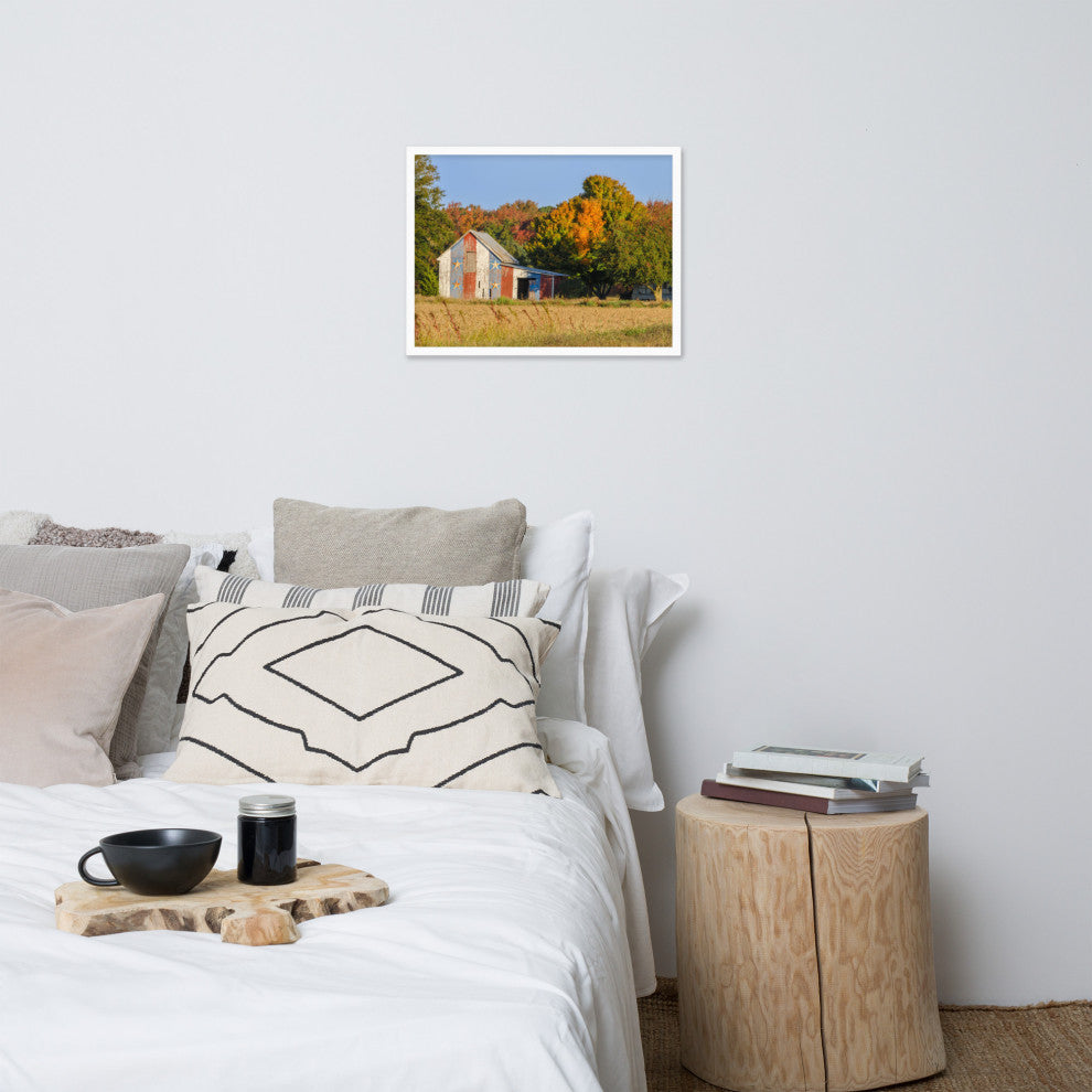 Patriotic Barn in Field Rural Landscape Framed Photo Paper Wall Art Prints, White, 18" X 24"