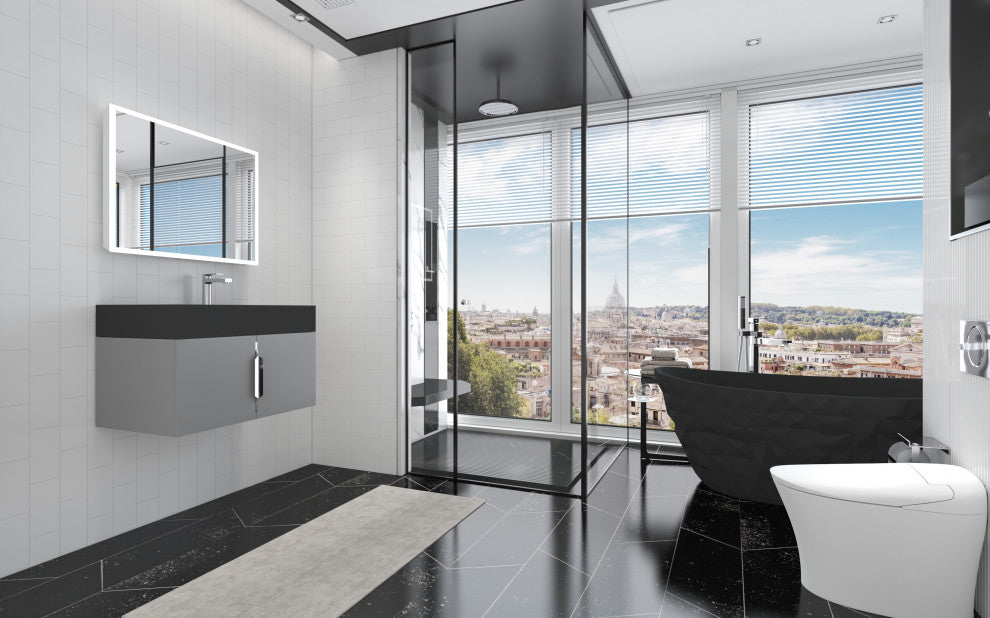 CastelloUSA Amazon 30" Right Wall Mounted Bathroom Vanity Set, Gray, Black Top, Chrome Handles