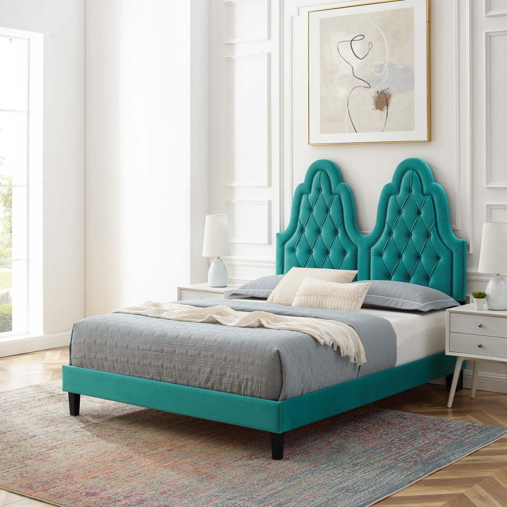Tufted Platform Bed Frame, Twin Size, Velvet, Teal Blue, Modern Contemporary