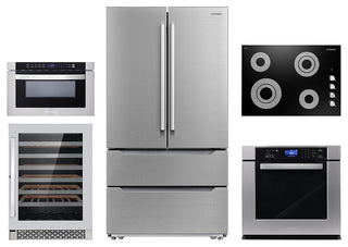 5PC, 30" Cooktop 24" Wine Cooler 30" Wall Oven 24" Microwave & Refrigerator