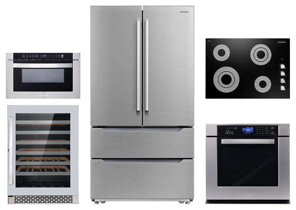 5PC, 30" Cooktop 24" Wine Cooler 30" Wall Oven 24" Microwave & Refrigerator