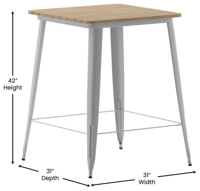 Declan Commercial Indoor/Outdoor Bar Top Square Table, 31.5", Brown/Silver
