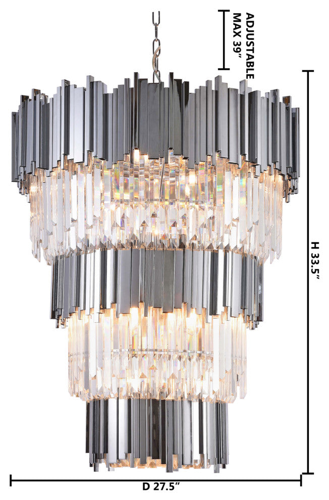 3-Tier Chrome Bar Rod Frame Chandelier, Clear Crystal Drops