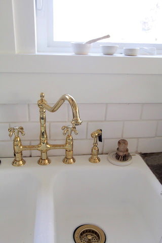 Kingston Brass Bridge Kitchen Faucet With Brass Sprayer, Polished Brass