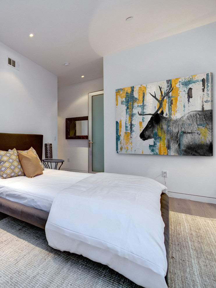 "Teal Yellow Reindeer" Painting Print on Wrapped Canvas, 18"x12"