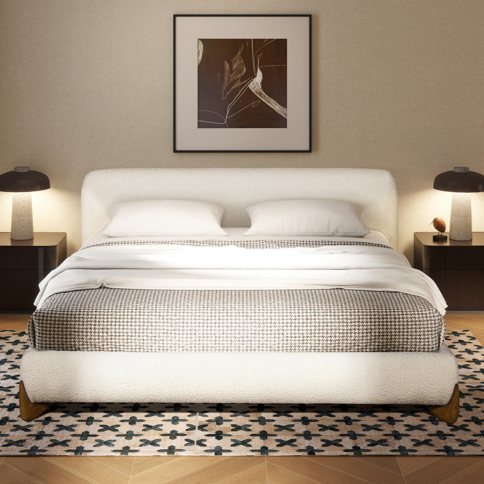 Alpine Sherpa Modern Platform Bed, Ivory White Boucle, King
