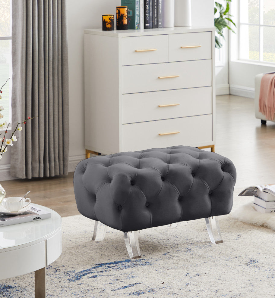 Crescent Velvet Upholstered Ottoman, Gray