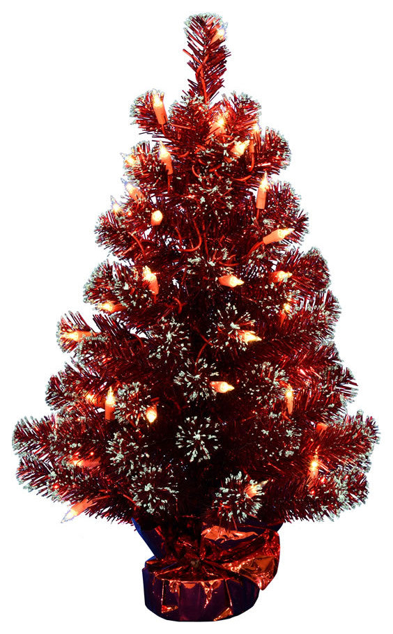 Vickerman G190325 2'X16" Dark Red Tinsel Christmas Tree, Clear Lights
