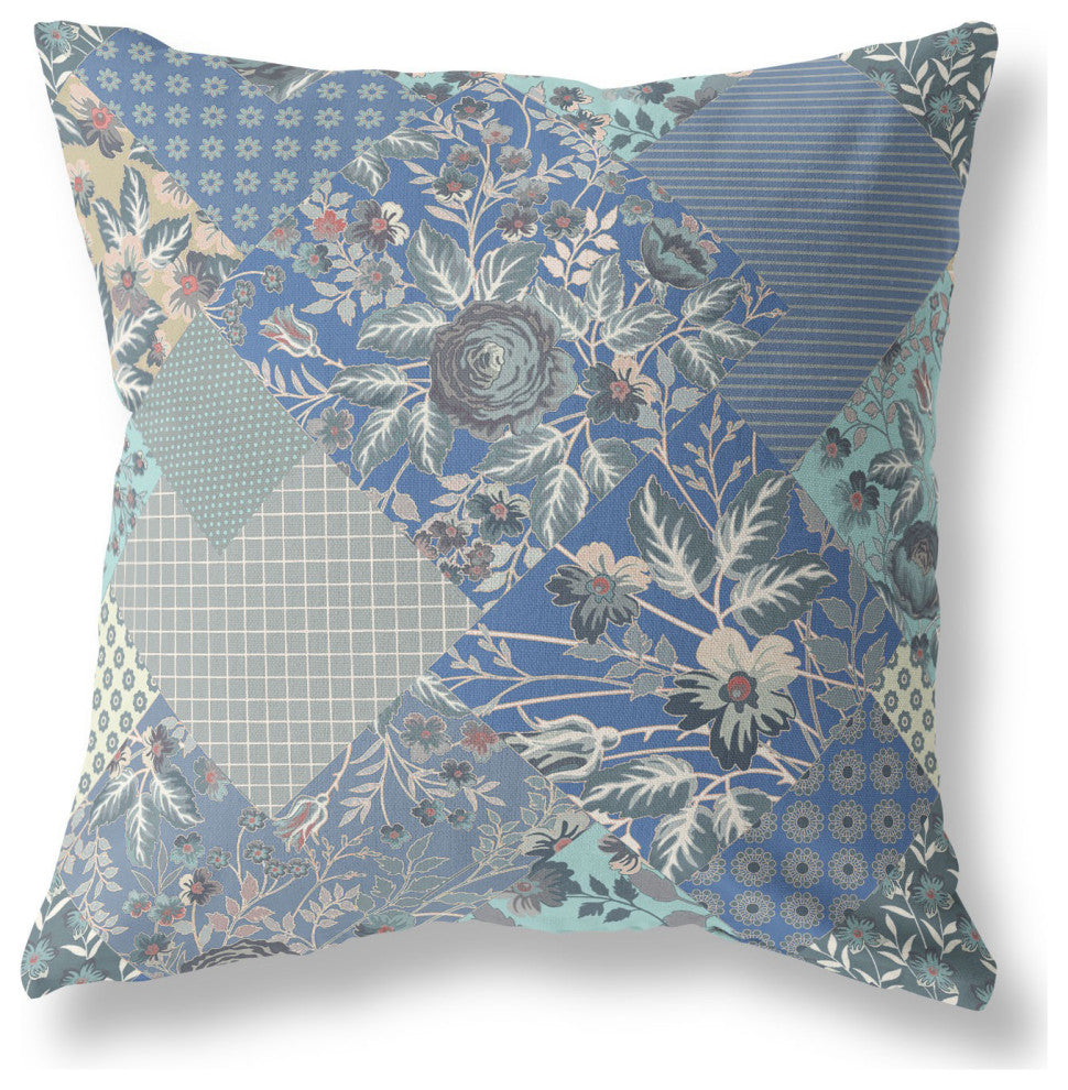 26" Gray Blue Boho Floral Indoor Outdoor Throw Pillow