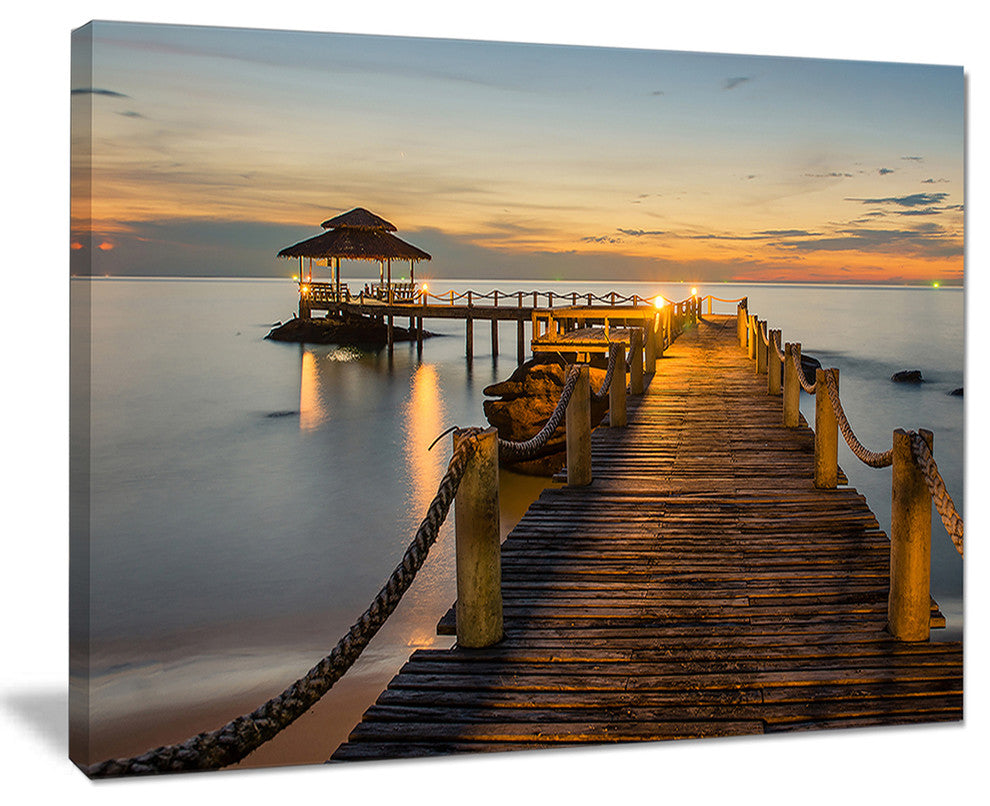 "Brown Wooden Pier in Evening" Seashore Canvas Photo Print, 20"x12"