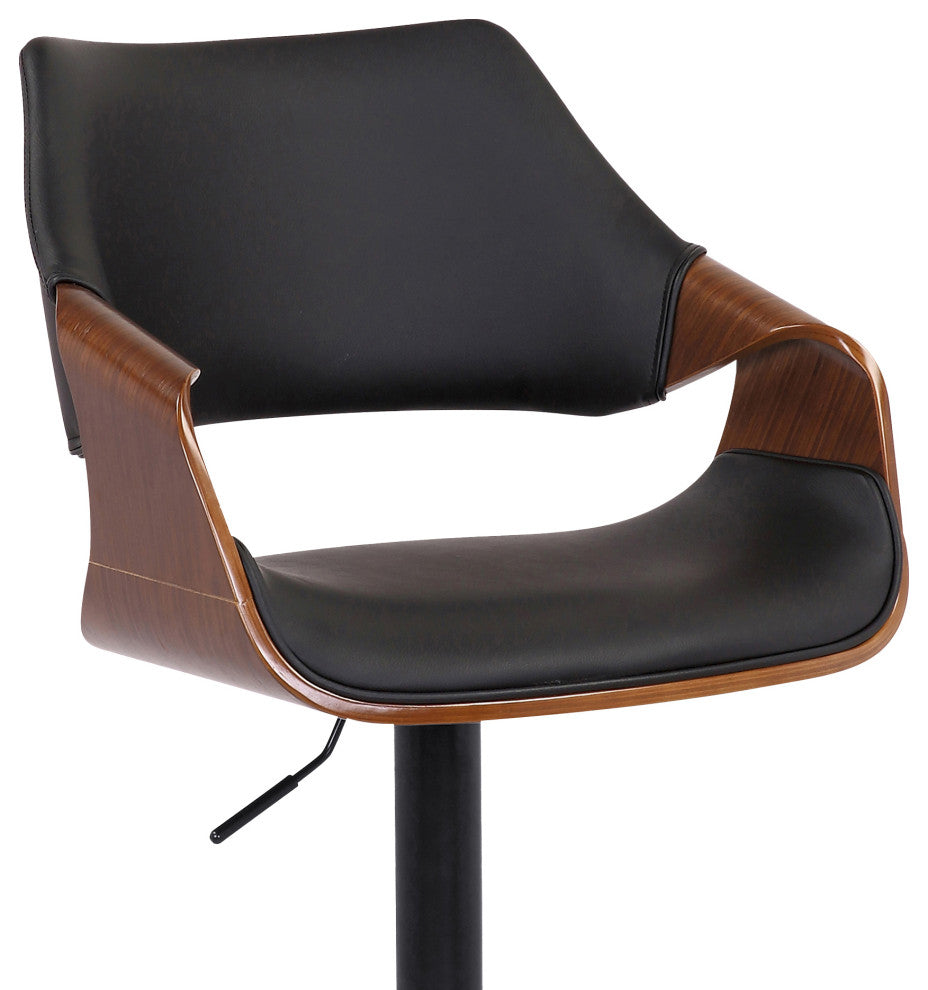 Aspen Adjustable Swivel Faux Leather and Wood Bar Stool With Metal Base, Black, Walnut and Chrome