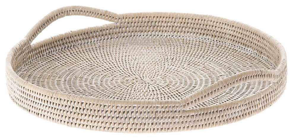 La Jolla Rattan Round Serving Tray, White-Wash