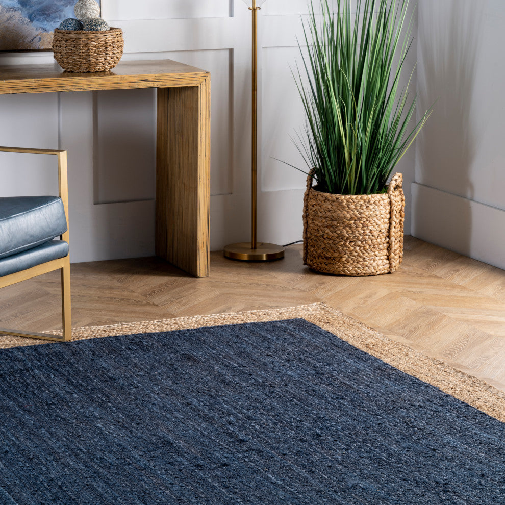 Jute Simple Border Area Rug, Blue, 6'' Round