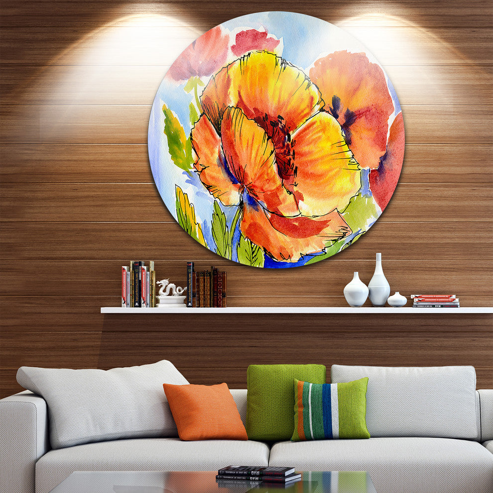 Bouquet Of Full Blown Poppies, Floral Large Disc Metal Wall Art, 23"