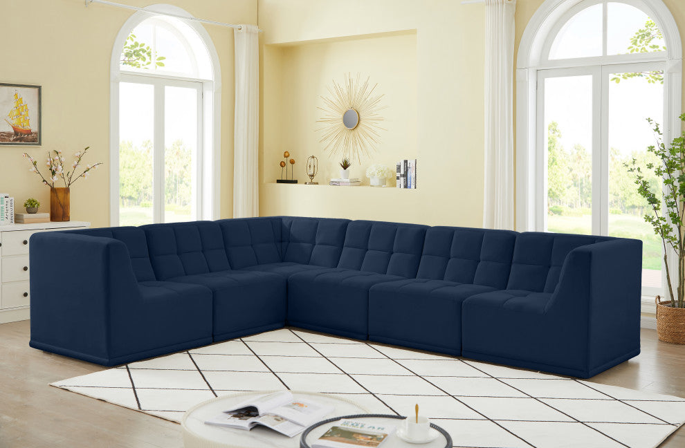 Relax Velvet Upholstered 6-Piece L-Shaped Modular Sectional, Navy