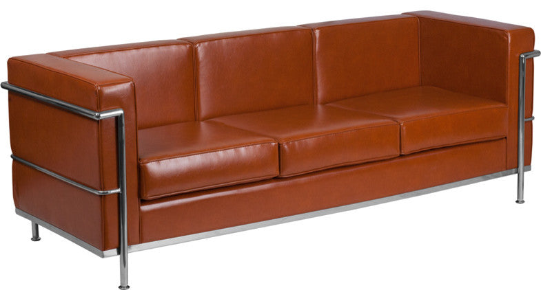 Modern Contemporary Cognac Leather Sofa With Encasing Frame