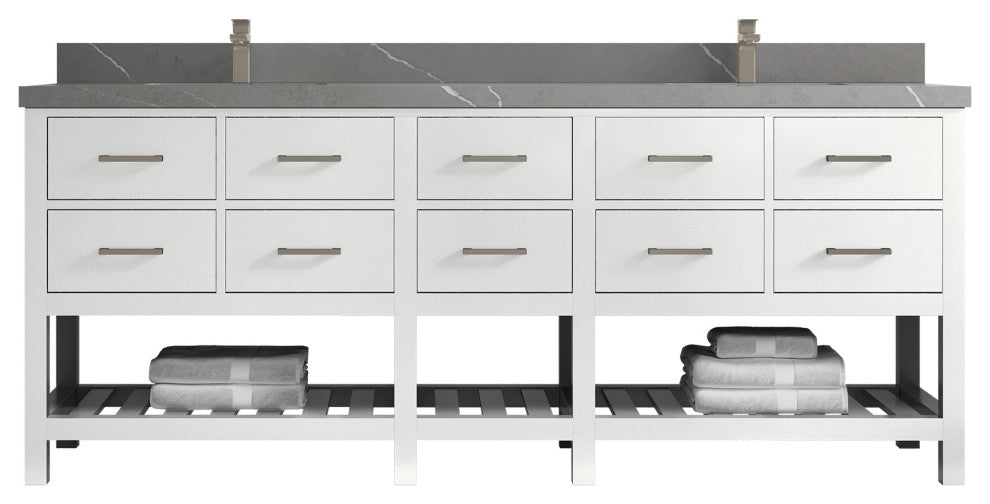 Parker 84 Double Sink Bath Vanity in White 2" Piatra Gray