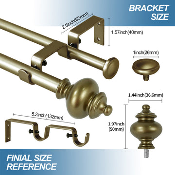 Round Urn Adjustable Double Curtain Rod Set, 5/8", Antique Gold, 48"-84"