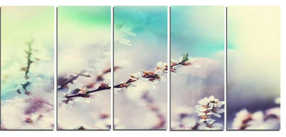 White Cherry Blossoming Flowers, Floral Canvas Art Print, 60"x28", 5 Panels