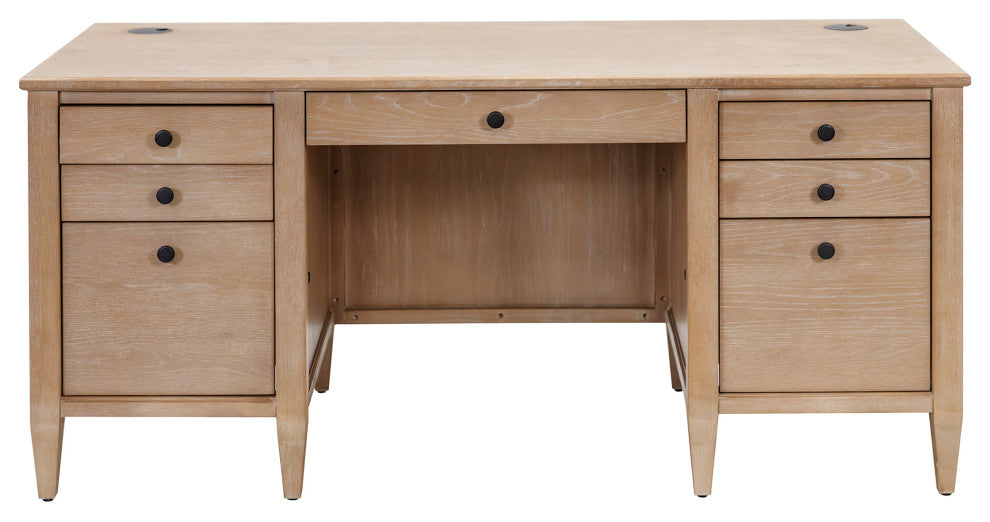 Modern Wood Double Pedestal Desk, Wood Office Desk, Fully Assembled, Light Brown