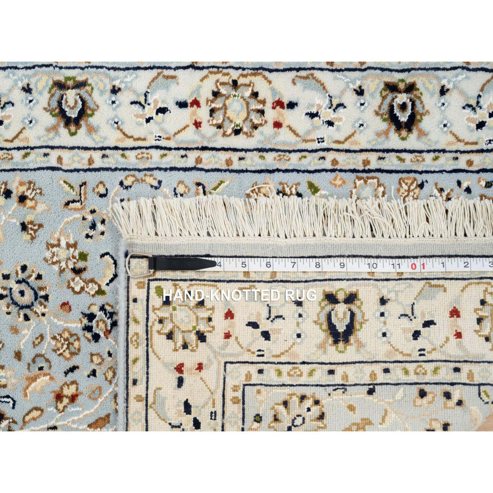 Light Blue, Nain 250 KPSI, Wool and Silk Hand Knotted Runner Rug, 2'6"x13'9"