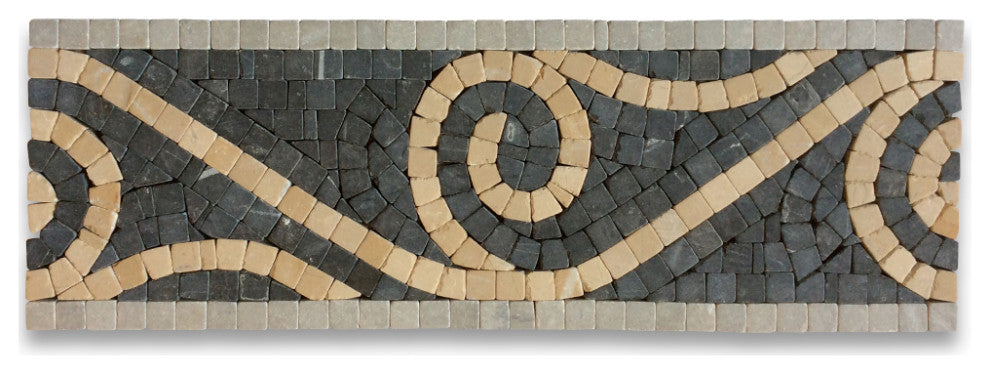 Marble Mosaic Border Insert Listello Tile Swirl Nero 4x12 Tumbled, 1 piece