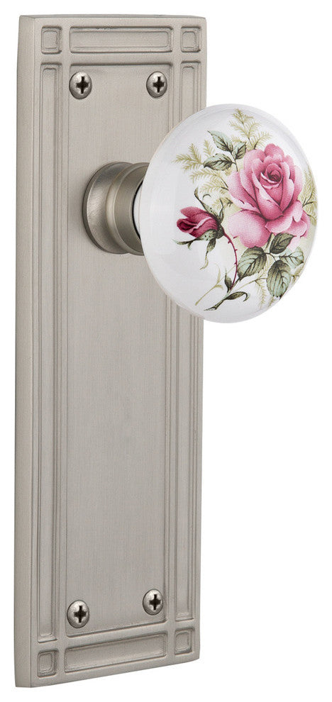 Mission Plate Passage White Rose Porcelain Knob, Satin Nickel