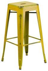 Commercial 30" High Backless Distressed Yellow Metal Indoor-Outdoor Barstool