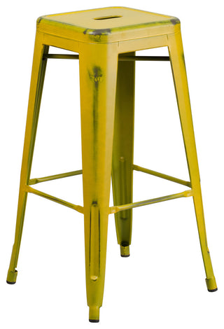 Commercial 30" High Backless Distressed Yellow Metal Indoor-Outdoor Barstool